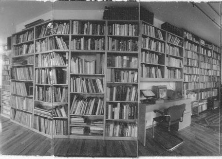 Composite view of bookshelves in Allen Ginsbergs loft